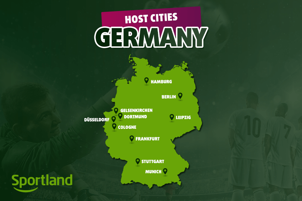 An image of Germany with the host cities for Euro 2024 indicated.