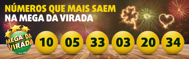 Banner com 6 números mais sorteados na Mega da Virada: 10, 05, 33, 03, 20, 34