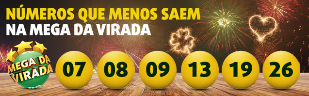 Banner com 6 números menos sorteados na Mega da Virada: 07, 08, 09, 13, 19, 26